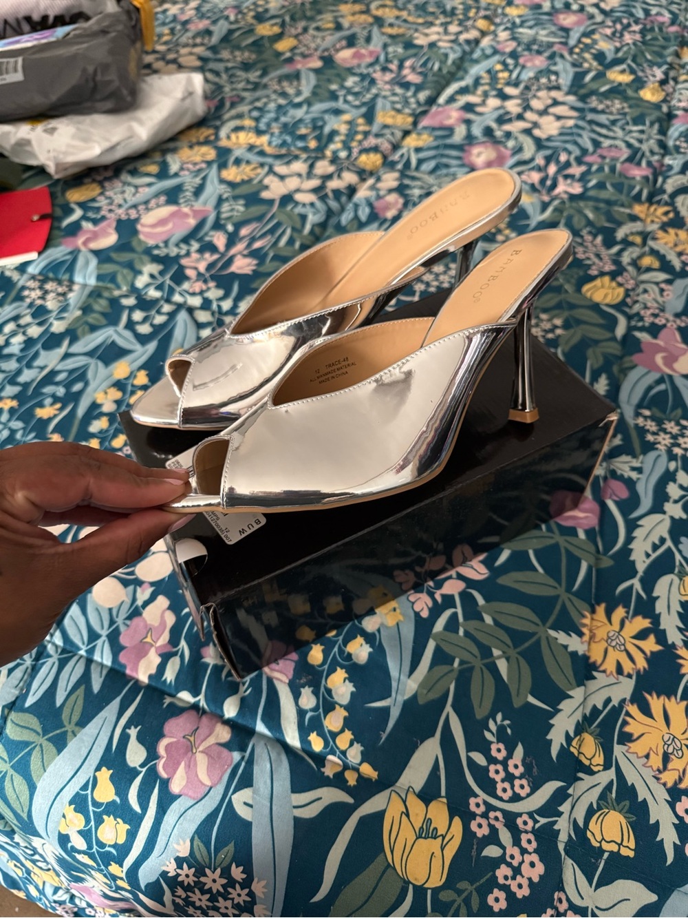 BAMBOO Silver Peep-Toe Mule Heels
